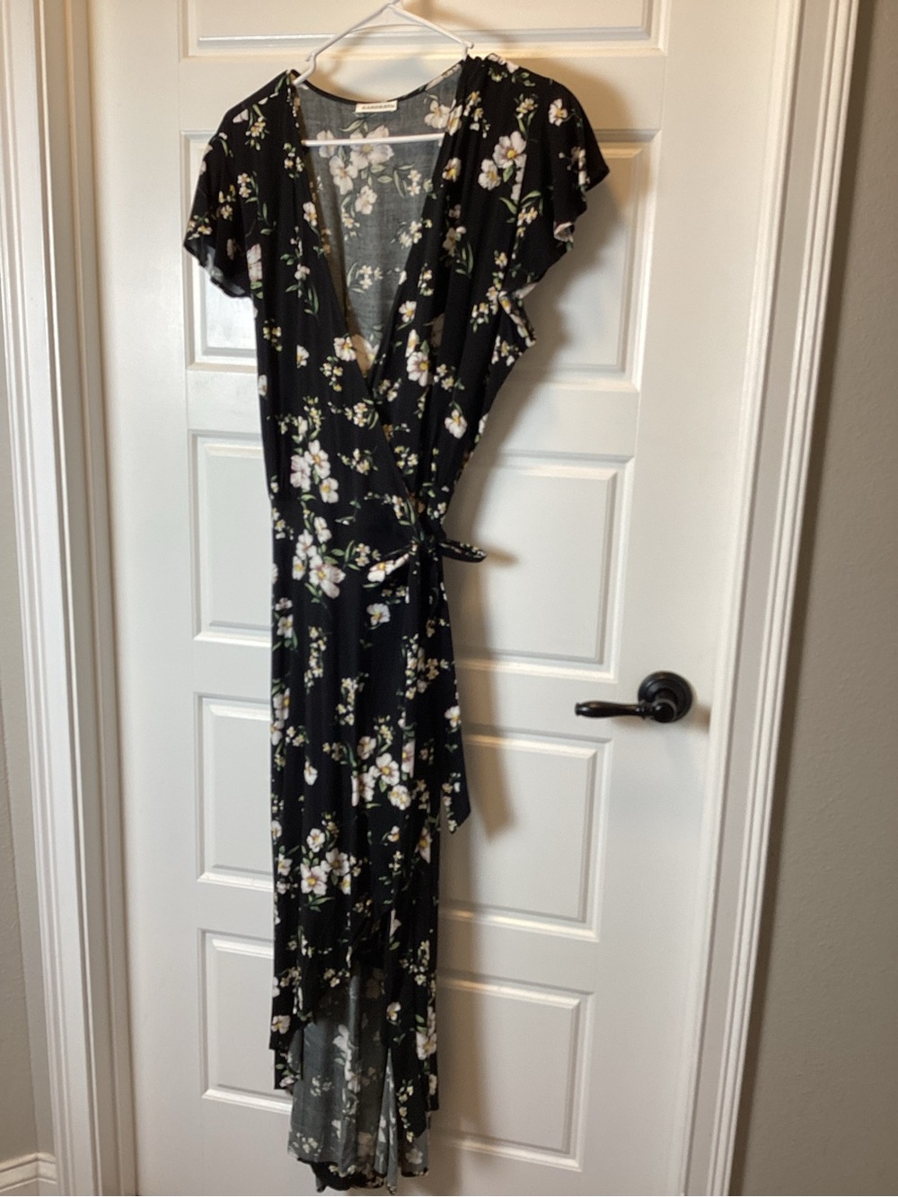 Black Floral Wrap High-Low Dress with Self-Tie Waist